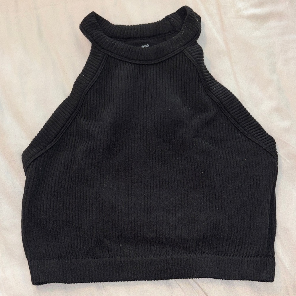 Aerie Black Ribbed High-Neck Crop Top